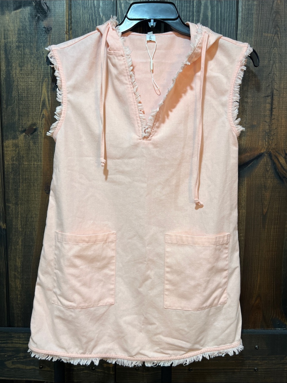 Modesees Linen Blend Raw Edge Hooded Mini Dress XS Pink Minimalist Boho Chic